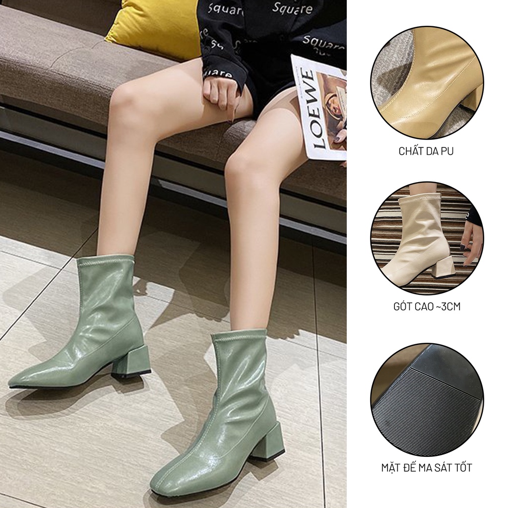 Giày Bốt Martin Nữ Ulzzang, Giày Bốt Da Mũi Vuông Cổ Ngắn Gót Vuông Dày 3cm Vintage, Hàn Quốc - Iclassy_shoes