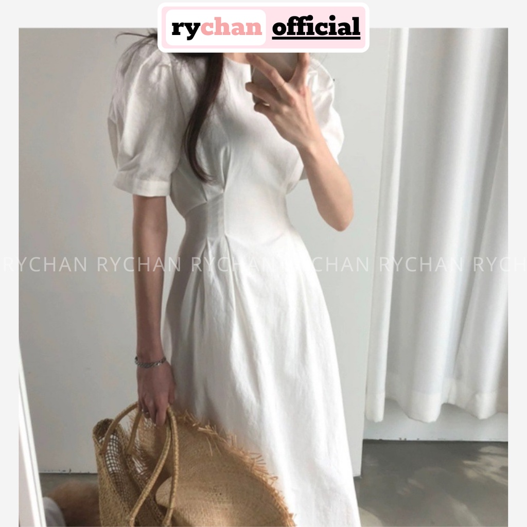 Đầm Xòe Midi Tay Phồng Cột Eo 2 Màu Đơn Giản - DX0069