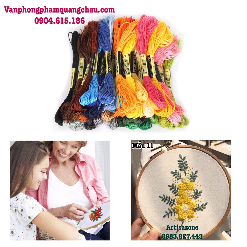 Bộ chỉ thêu tay Set 100 tép| 50 tép| 25 tép|10 tép| 9 tép, sợi cotton màu trơn khác nhau - (Màu ngẫu nhiên)