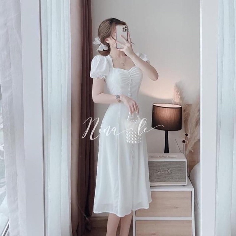 ĐẦM MIDI TRẮNG NHÍU NGỰC NÚT BỌC TAY BÚP MẪU CHỊ NINA LÊ ✨LOTUS SHOP✨