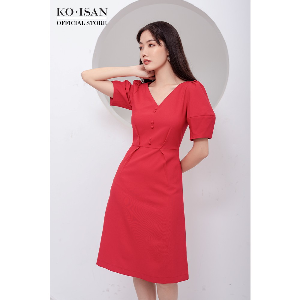 Đầm nữ KO-ISAN dáng suông cổ V tay bồng - 620053