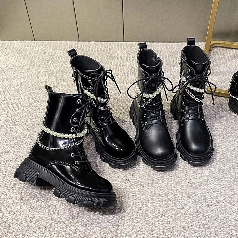 Đôi bốt Martin IELGY đế dày buộc dây dạng chuỗi ngọc trai thời trang cho nữ