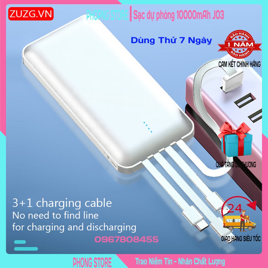 Sạc dự phòng 10000mAh 4IN1 ZUZG J03/Pin dự phòng có 3 đầu dây sạc Cáp sạc,Type C,Andiroi,BH 12 Tháng- PHONG STORE