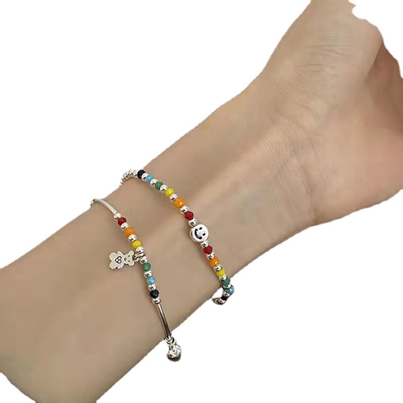 Trang sức vòng tay/nhẫn xâu hạt nhiều màu có mặt trang trí hình mặt cười cổ điển phong cách Boho