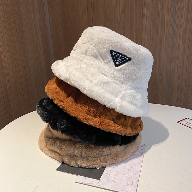 Mũ bucket phối lông ấm áp phong cách Harajuku Nhật Bản thời trang mùa đông cho nữ 2021