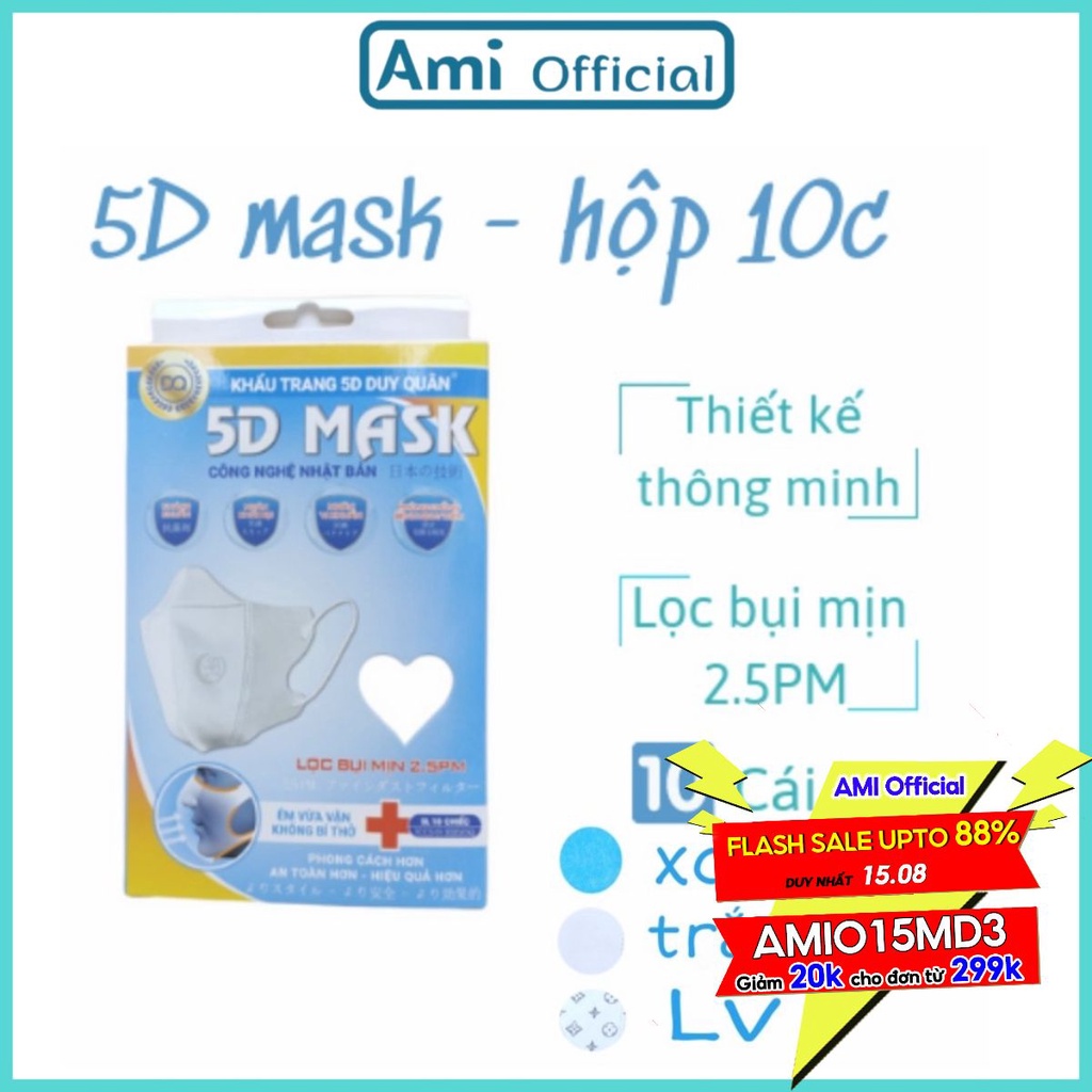 Khẩu trang 5D MASK màu trắng xanh hộp 10 chiếc vải không dệt kháng khuẩn chống bụi mịn khẩu trang AMI