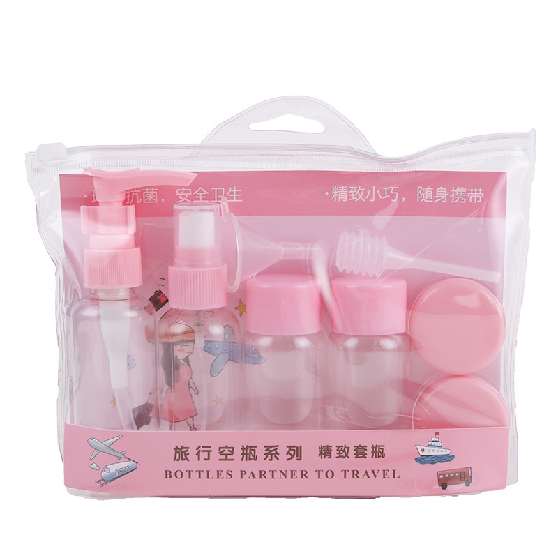 Bộ 7 món chiết mỹ phẩm xanh/hồng thuận tiện mang theo du lịch tặng kèm túi zip nhựa