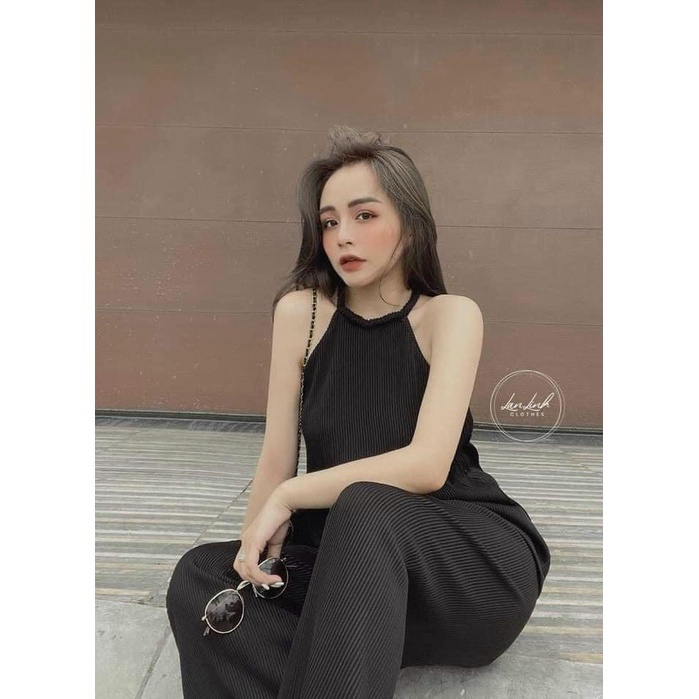 Set voan lụa dập ly áo 2 dây cổ yếm + quần suông dài ống rộng, thời trang hot girl đi chơi dạo phố