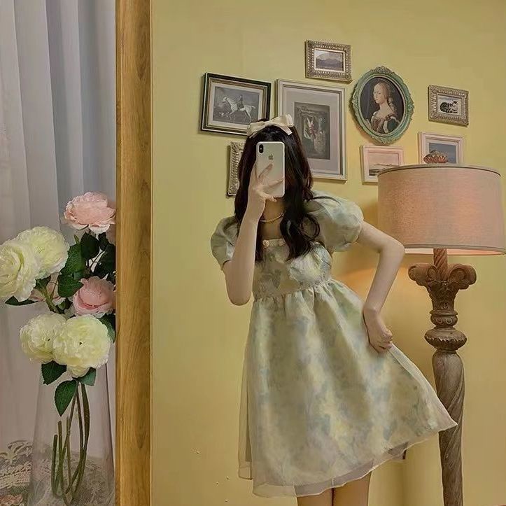 Đầm Chữ A Lưng Cao Mùa Hè Màu Xanh Lá Trà Xanh Lá Phong Cách Mới Cho Nữ Sinh