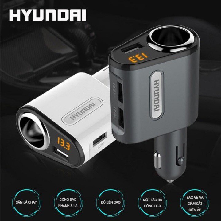 Tẩu sạc Hyundai có ba cổng USB Sạc nhanh 3.1