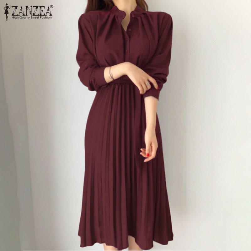 Đầm ZANZEA tay dài xếp ly lưng cao thanh lịch phong cách Hàn Quốc thường ngày dành cho bạn nữ