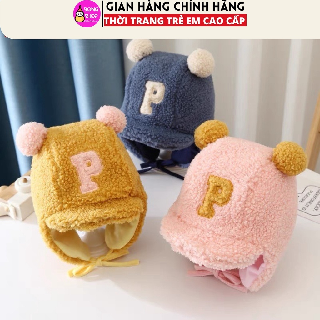 Mũ lông cừu cho bé kèm dây buộc thêu chữ P cho bé 1-3T