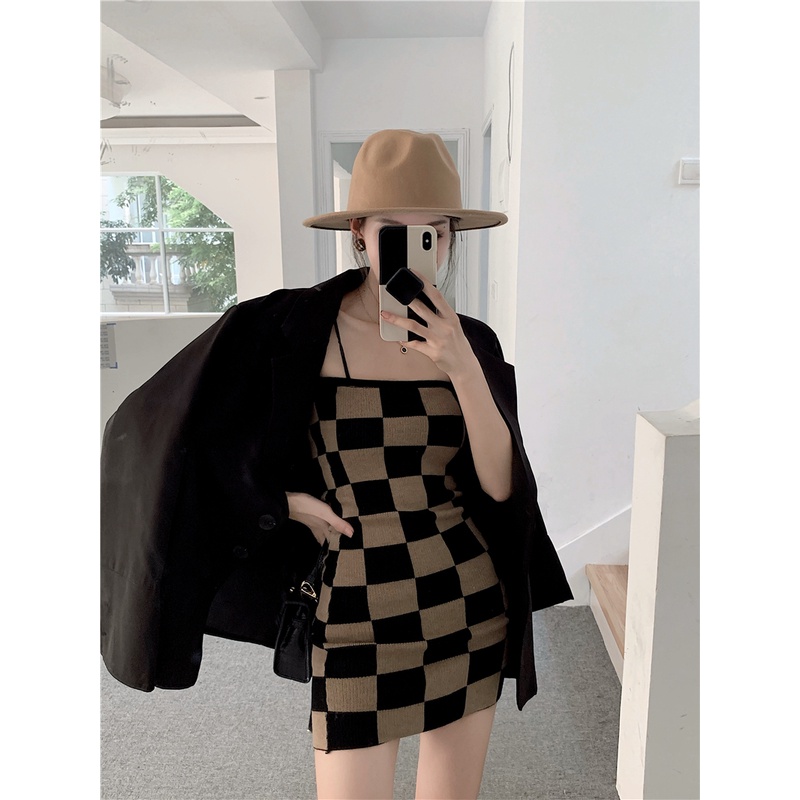Hàn Quốc Tất Cả Phù Hợp Với Váy Dây Kẻ Caro Phụ Nữ