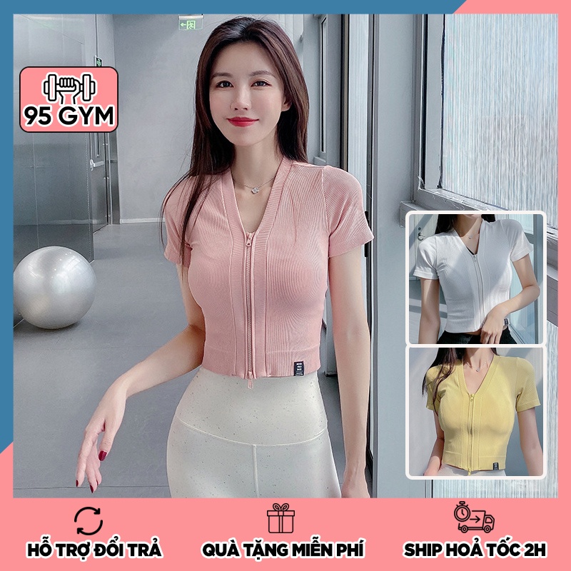 Áo tập gym yoga nữ AC21 dáng áo croptop cộc tay có khóa kéo chất thun gân ôm body
