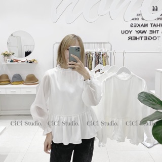Áo sơmi trắng tay phối organza