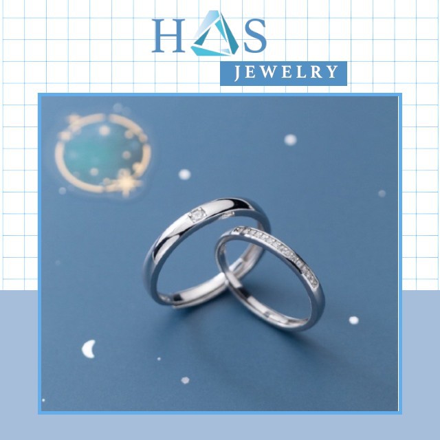 Nhẫn cặp bạc H.A.S nam trơn đính đá nhỏ nữ đính đá nữa vòng Freesize có khắc tên theo yêu cầu - Nhẫn đôi bạc 925