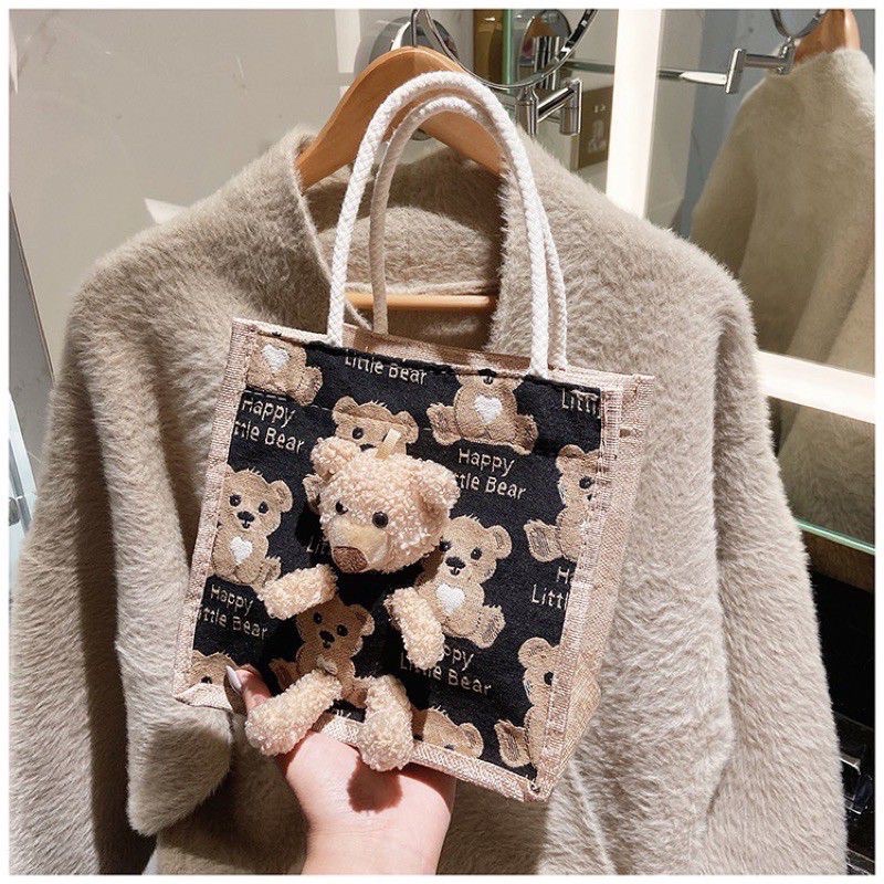 Túi cói quai xách mini gấu bông đi biển dạo phố nữ đẹp thời trang cá tính dễ thương cute phong Vintage mã T0234