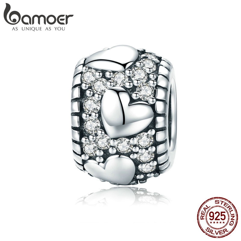 Hạt Bamoer SCC798 hình trái tim bằng bạc 925 đính đá CZ làm trang sức DIY cho nữ