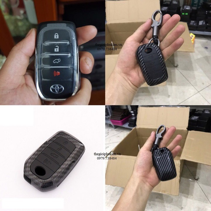 Ốp bọc chìa khóa xe Toyota 2 nút, 3 nút, 4 nút vân Carbon kèm móc đeo INOX