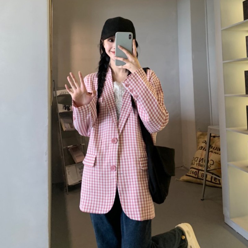 Áo blazer kẻ sọc màu hồng nữ mùa xuân và mùa thu 2021 thiết kế mới