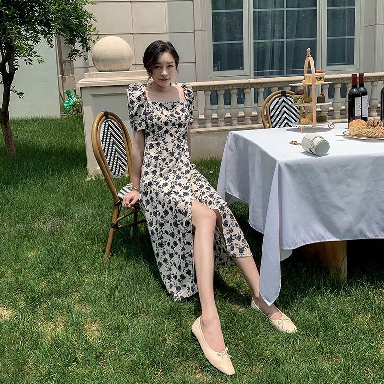 COZOK Đầm Hoa Tay Phồng Ôm Eo Phong Cách retro Nữ Tính