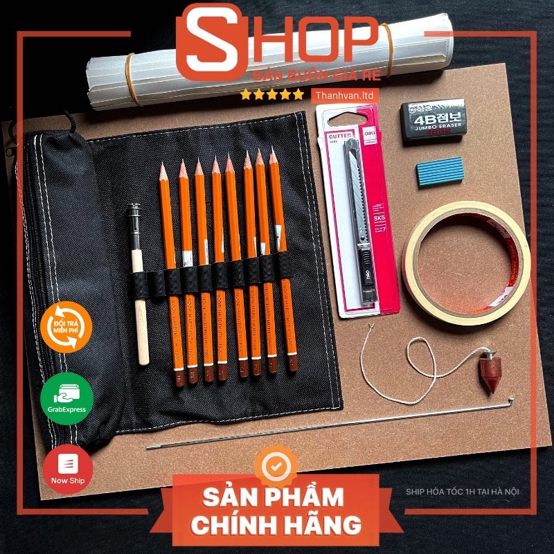 Set vẽ chì cơ bản | vẽ hình họa dựng hình cơ bản | giấy việt trì, bút chì, tẩy ganh, tẩy 4B, bảng gỗ thi khối V , H