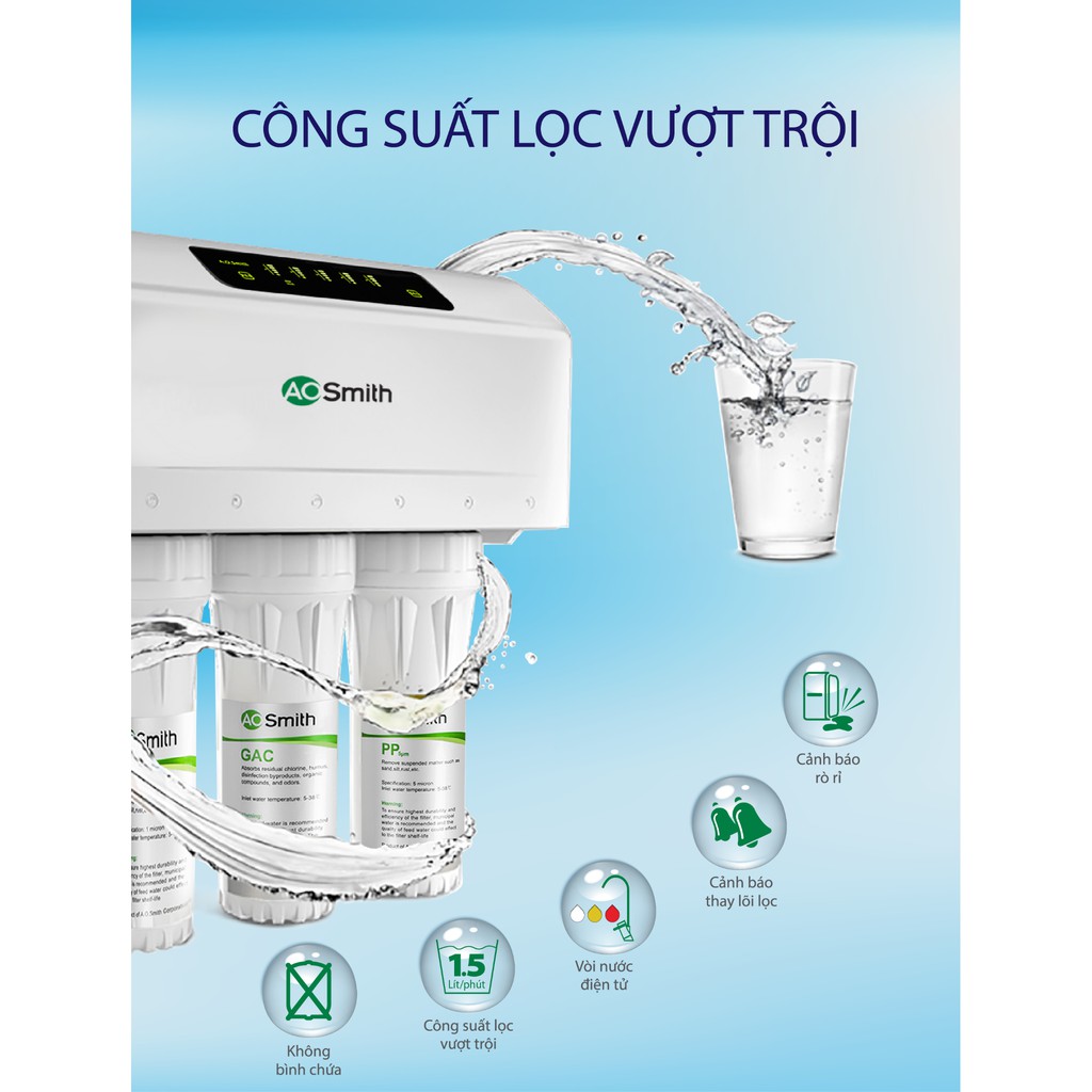 Máy lọc nước A. O. Smith AR600-C-S-1, không bình chứa, công suất lọc lớn