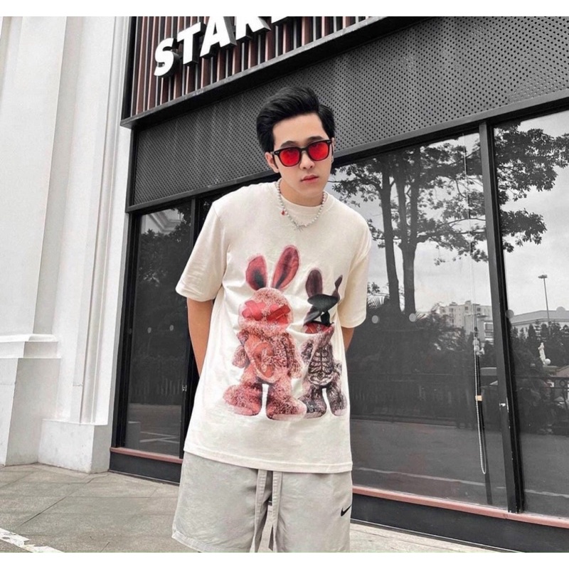 [Rẻ vô địch] Áo thun cotton tay lỡ dáng rộng unisex thỏ C đôi