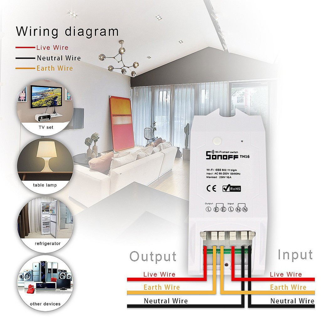 SONOFF TH16 (16A), công tắc WIFI, điều khiển từ xa, có hỗ trợ cảm biến nhiệt, độ ẩm