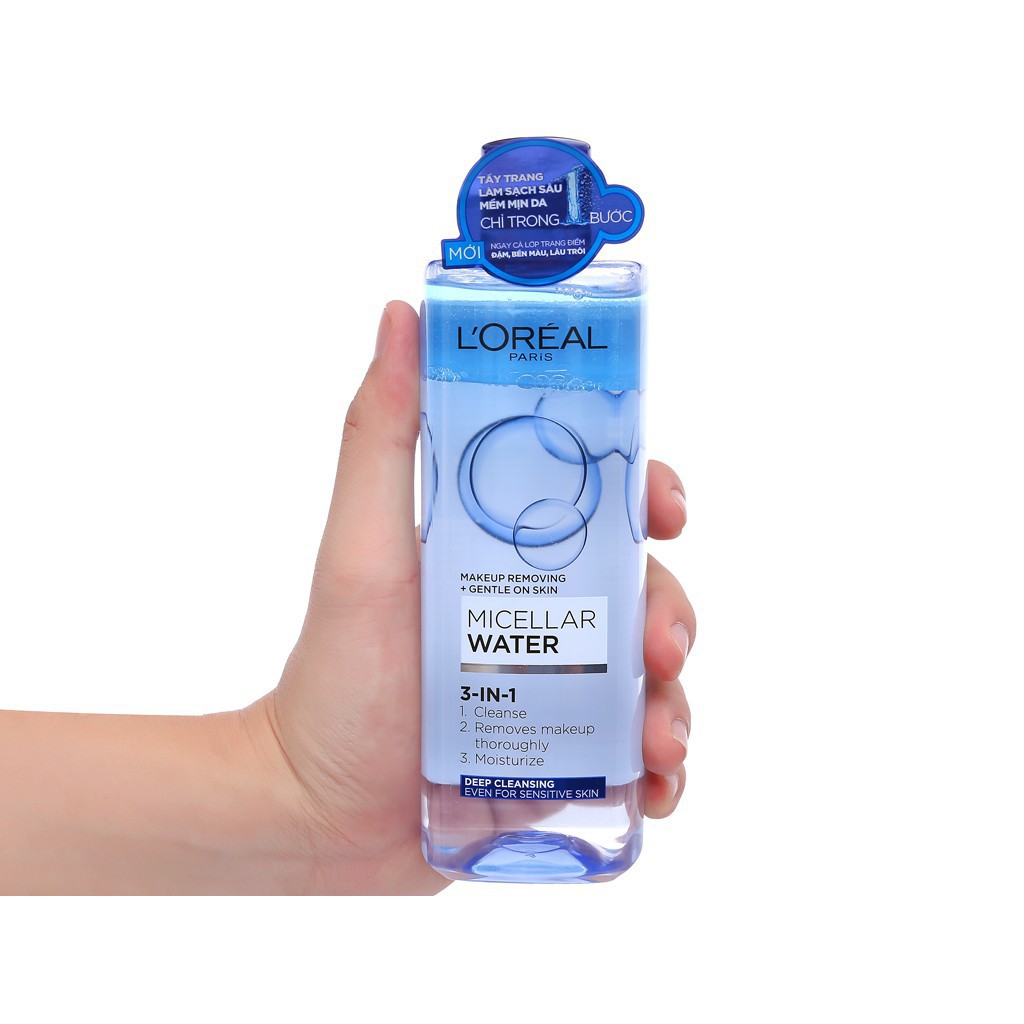 Nước tẩy trang Loreal paris 3 in 1 micellar water 95ml Deep Cleansing màu xanh đậm cho da dầu mụn