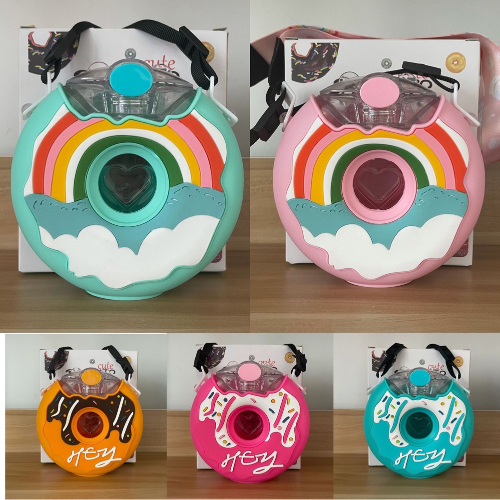 Bình nước silicon hình bánh donut hoạt hình có ống hút và dây đeo cho bé