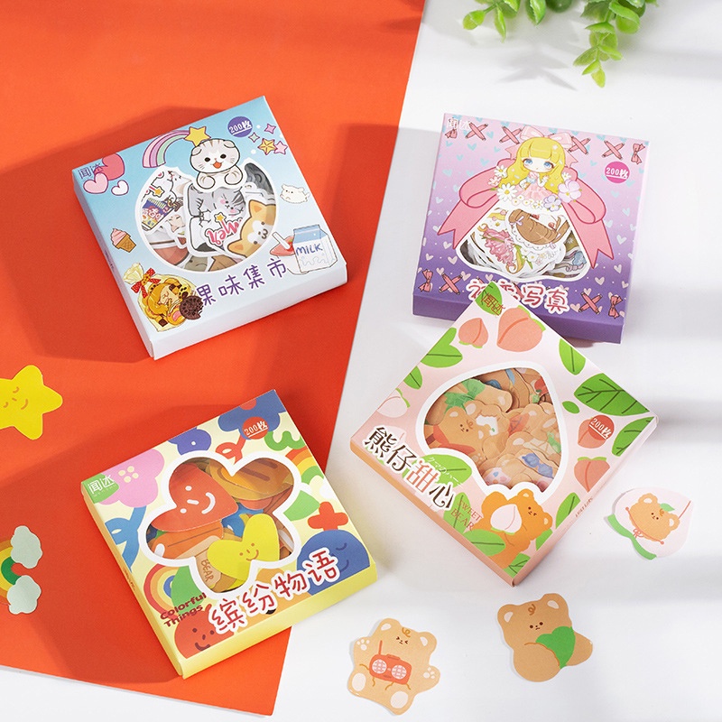 Sticker Hộp 200 Miếng Cắt Rời Chất Liệu Giấy Trang Trí Sổ