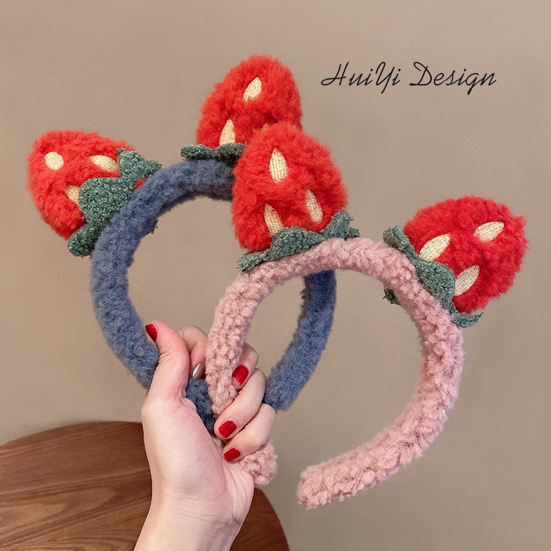 Bờm Cài Tóc Lông Cừu Hình 2 Trái Dâu Tây  Xinh Xắn Ngộ Nghĩnh Băng Đô Rửa Mặt Cute Cho Nữ