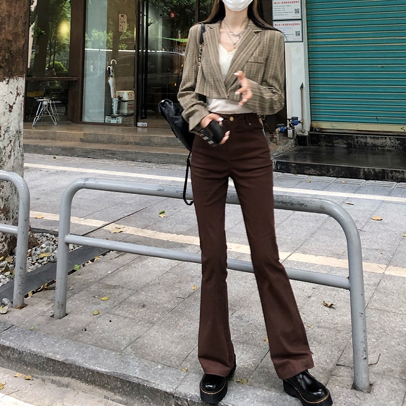 SUXI Quần jean nâu ống loe ôm dáng dễ phối đồ