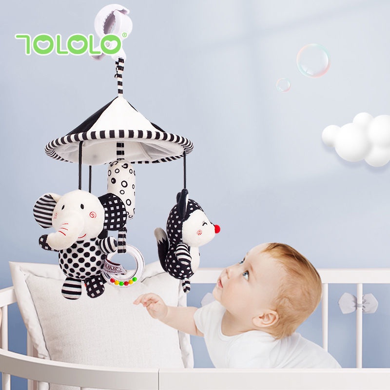 HOTĐồ chơi trẻ sơ sinh TOLOLO màu đen và trắng đồ chơi con voi mặt dây chuyền treo ô treo giường treo chuông trẻ em 0-1