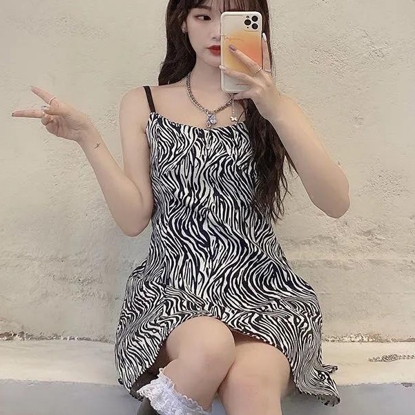 Đầm Hai Dây Dáng Chữ A Lưng Cao Họa Tiết Ngựa Vằn Phong Cách Hàn Quốc Thời Trang Mùa Hè Hàng Mới