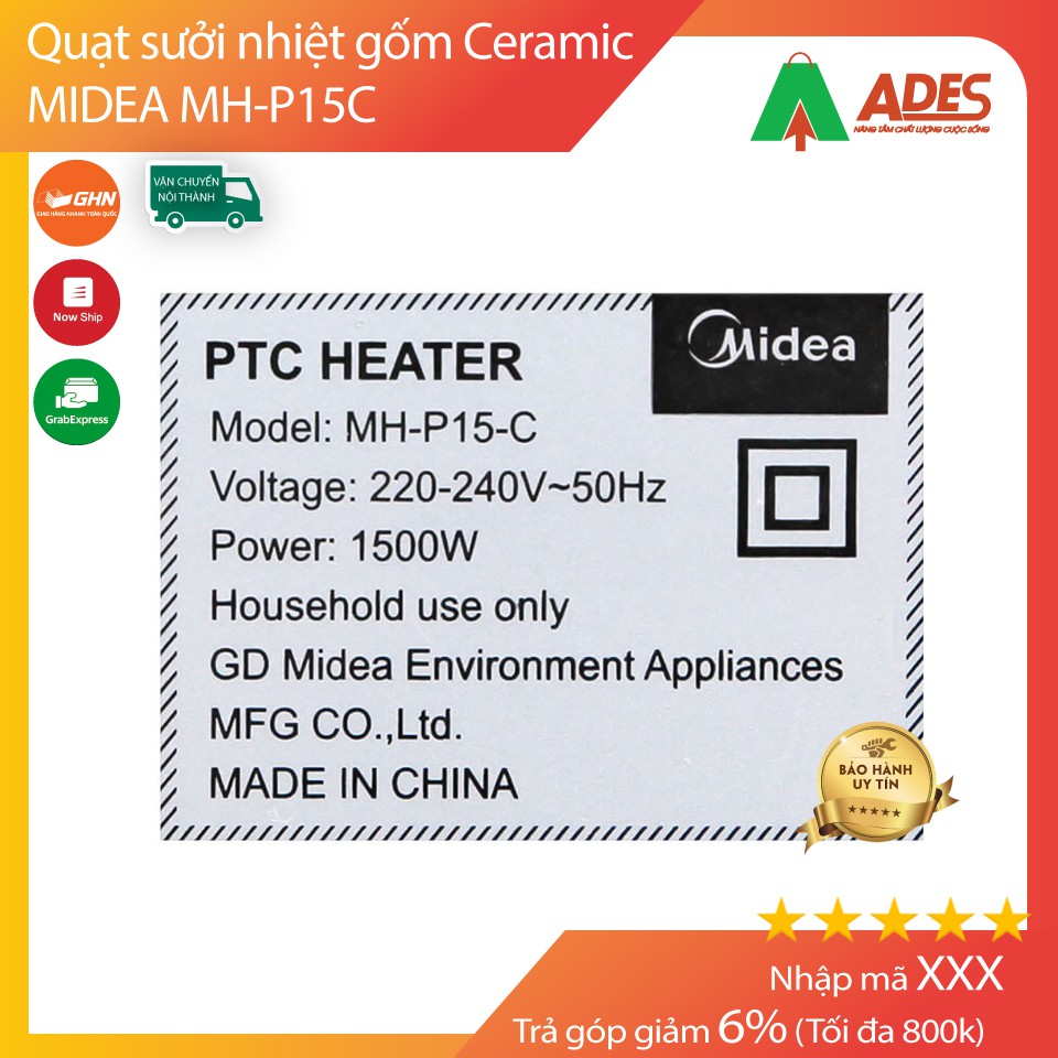 Quạt sưởi nhiệt MIDEA MH-P15C - Gốm Ceramic không đốt oxi, không chói mắt, không khô da - Full box NEW 2021