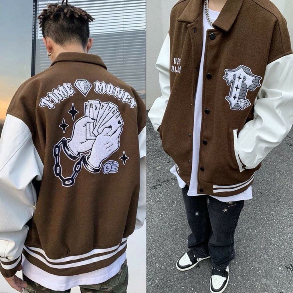 Áo Varsity Jacket - Áo Khoác Bomber Cardigan họa tiết TIME MONEY phối bo Siêu Hot nam nữ mặc được