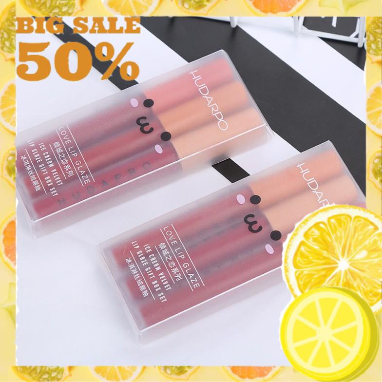 Set Son Kem 3 Cây HUDAPRO LOVE LIPS GLAZE Tone Đỏ Tây Auth Nội Địa