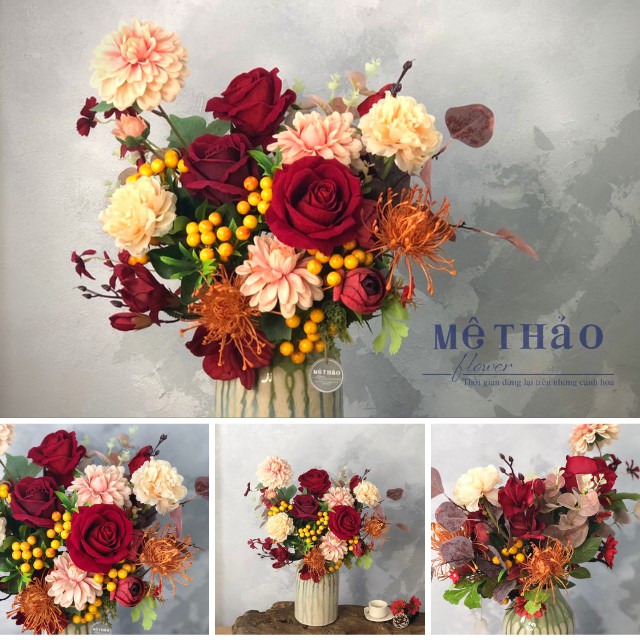 (Thật 99%) Bình Hoa Hồng Nhung Đỏ Chất Liệu Lụa Cao Cấp Trang Trí Decor Nhà Cửa Của Mê Thảo Flower