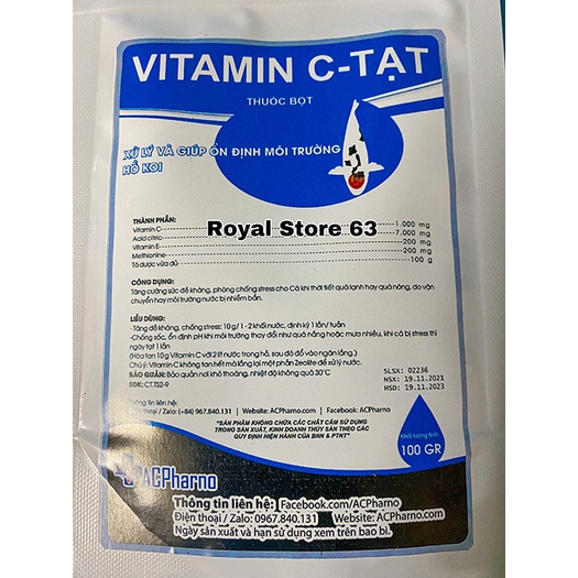 Vitamin C Tạt Acpharno (100gram) giúp tăng sức đề kháng, giảm và chống stress, Cung cấp vitamin cho cá koi