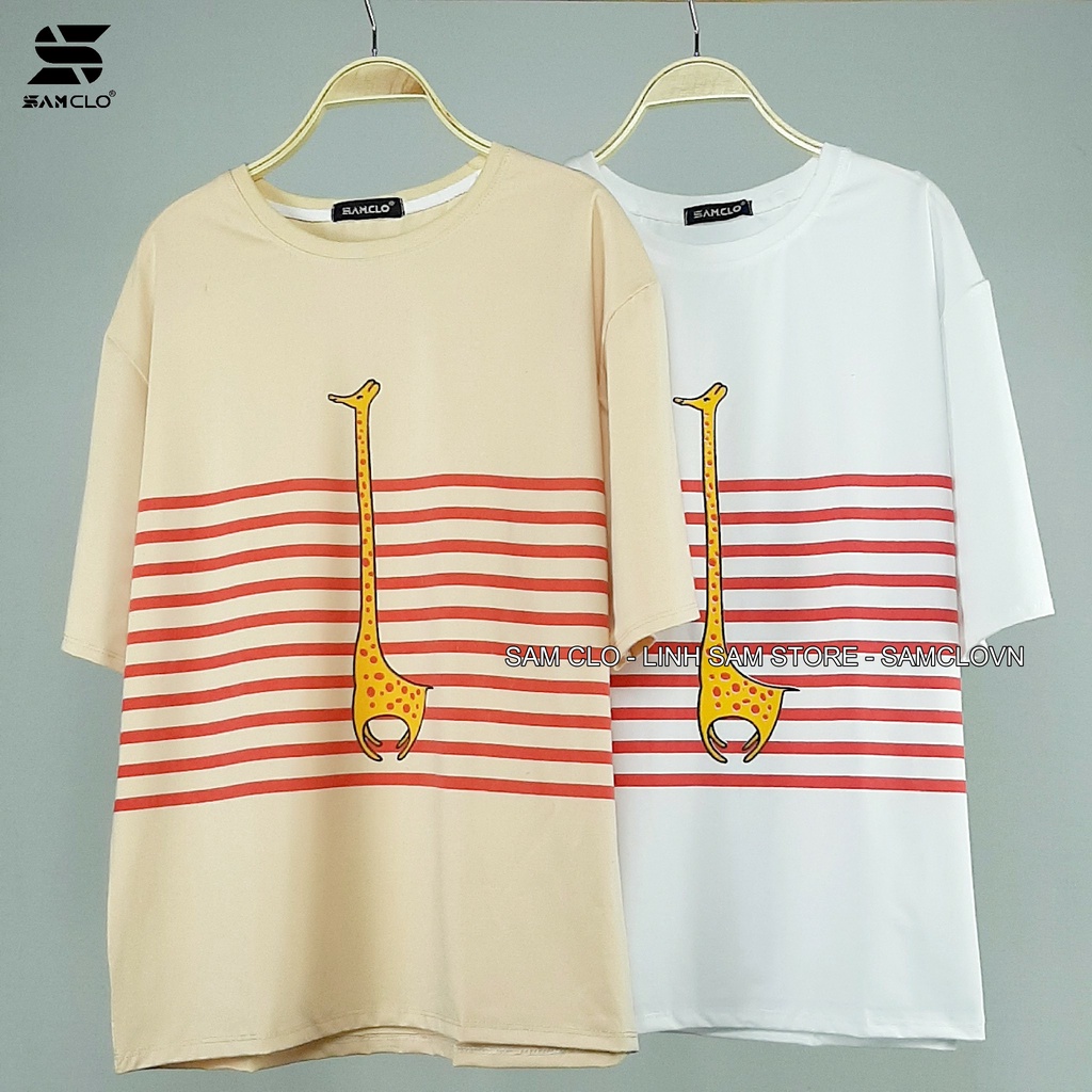 Áo thun tay lỡ nữ freesize phông form rộng dáng Unisex - Ulzzang mặc cặp, nhóm, lớp sọc in hình HƯƠU CAO CỔ
