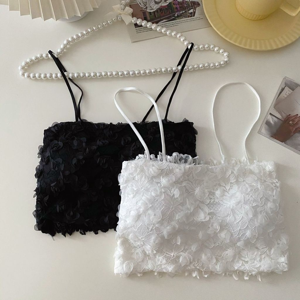 Áo Lửng Hai Dây Phối Ren Màu Trơn Đen Trắng Gợi Cảm Thời Trang Mùa Hè Cho Nữ