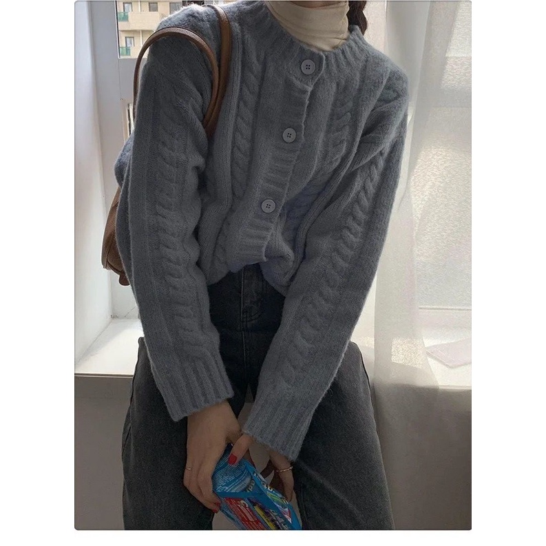 Áo Khoác Cardigan Nữ Cổ Tròn Vải Len Dệt Kim Mềm Mại Màu Trơn Thời Trang Phong Cách Hàn Quốc
