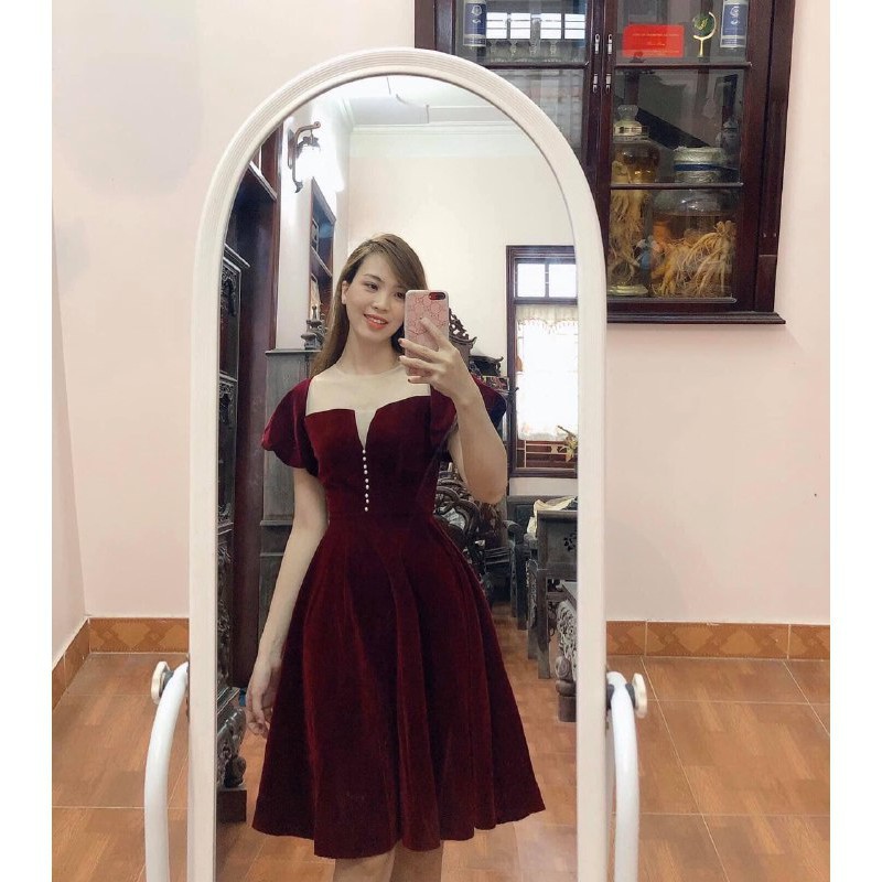 [ xả kho ] MiD Đầm nhung Hàn V1262 có miếng lưới cổ Mie Design kèm ảnh thật