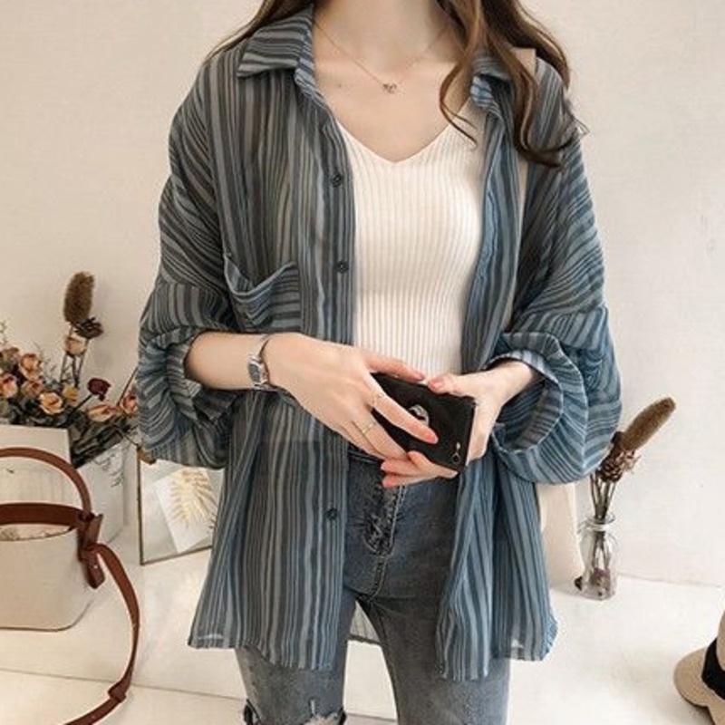 Áo sơ mi chiffon RENJIANVSHENG dáng rộng kẻ sọc tay phồng phong cách Hàn Quốc thời trang cho nữ