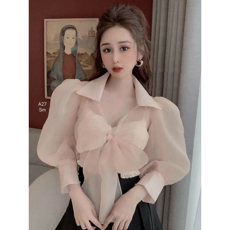 💋💋Set áo tơ hàn nơ ngực đính ngọc măng séc tay mix chân váy xếp li cạp có lót quần.😍😍