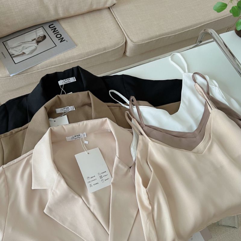 Set đồ nữ áo khoác vest 3 chi tiết kèm quần short + áo 2 dây mặc trong bảng màu vintage - Ảnh thật Yena Closet | BigBuy360 - bigbuy360.vn
