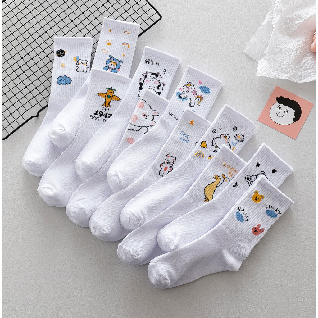 Tất cổ cao nam nữa trắng in hình ngộ nghĩnh, vớ cổ cao nam nữ phong cách Hàn Quốc