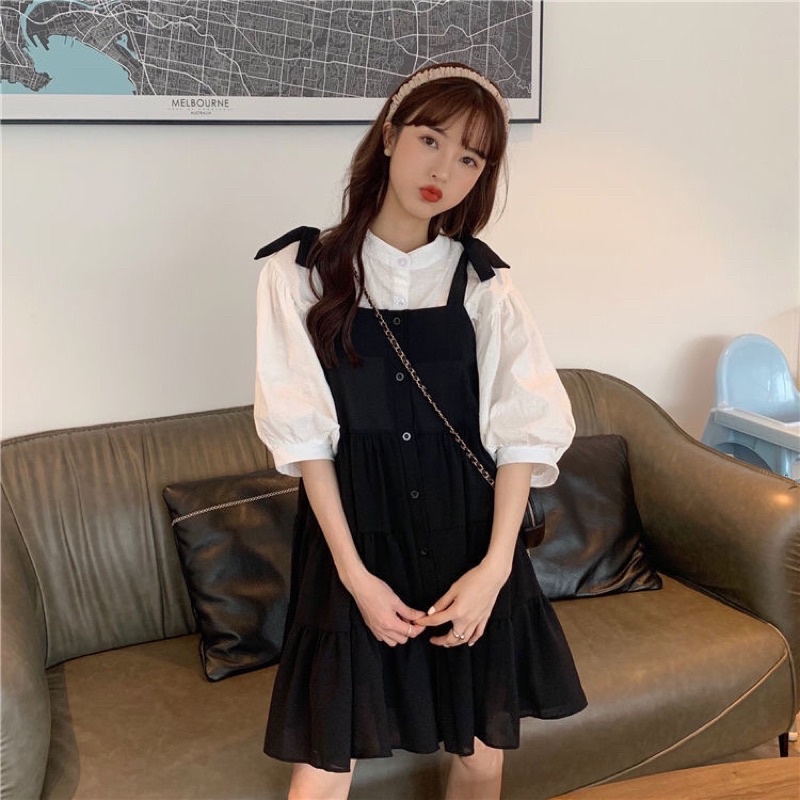 Set Áo Trắng + Váy Hai Dây Đen Ulzzang Nữ M30